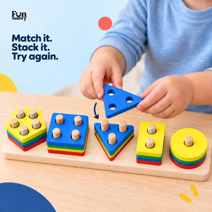 Toddler stacking shapes on a 5-shape wooden shape sorter