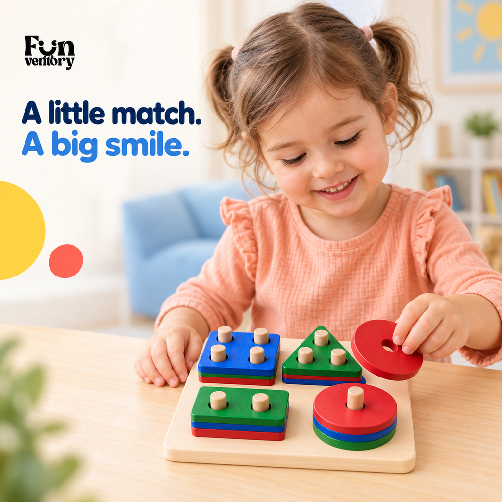 Girl playing with a 4-shape wooden shape sorter