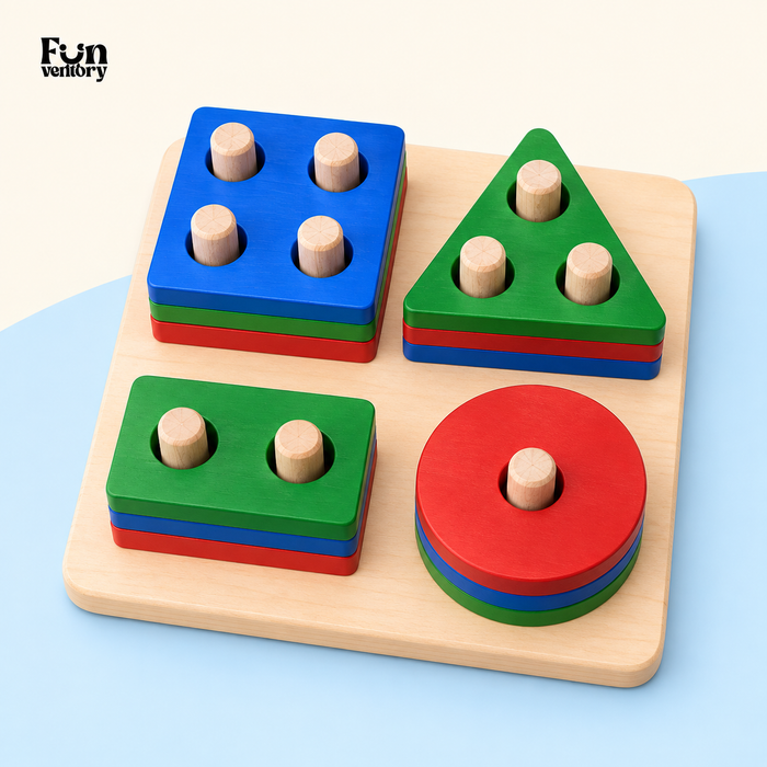 Wooden 4-shape sorter puzzle board with square, triangle, rectangle and circle