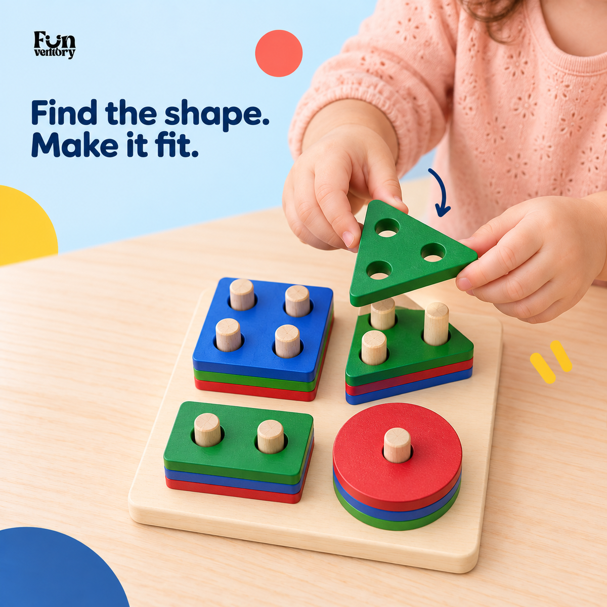 Child fitting a triangle onto a wooden shape sorter board
