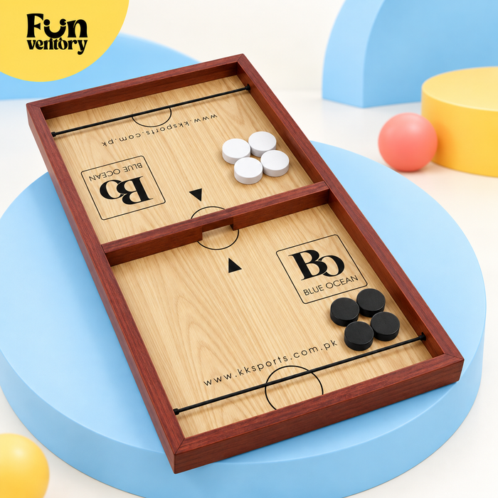 Wooden sling puck board game with black and white pucks