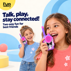 Two girls playing with pink walkie talkies