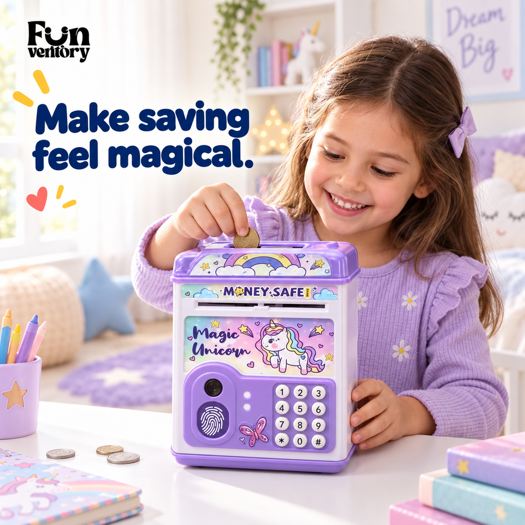 Girl saving money in a purple unicorn money box