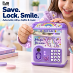 Unicorn piggy bank safe with automatic note rolling, lights and music