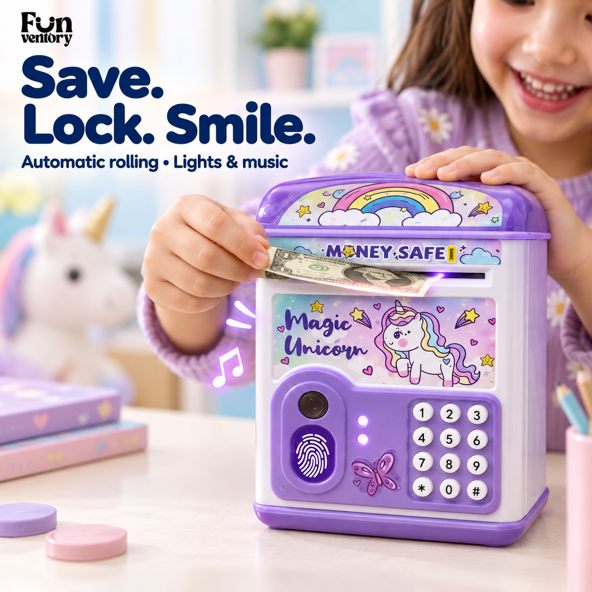 Unicorn piggy bank safe with automatic note rolling, lights and music