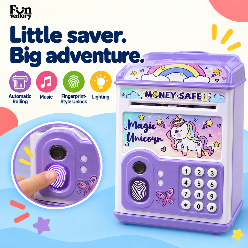 Unicorn money box features: automatic rolling, music, fingerprint-style unlock, lighting