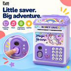 Unicorn money box features: automatic rolling, music, fingerprint-style unlock, lighting