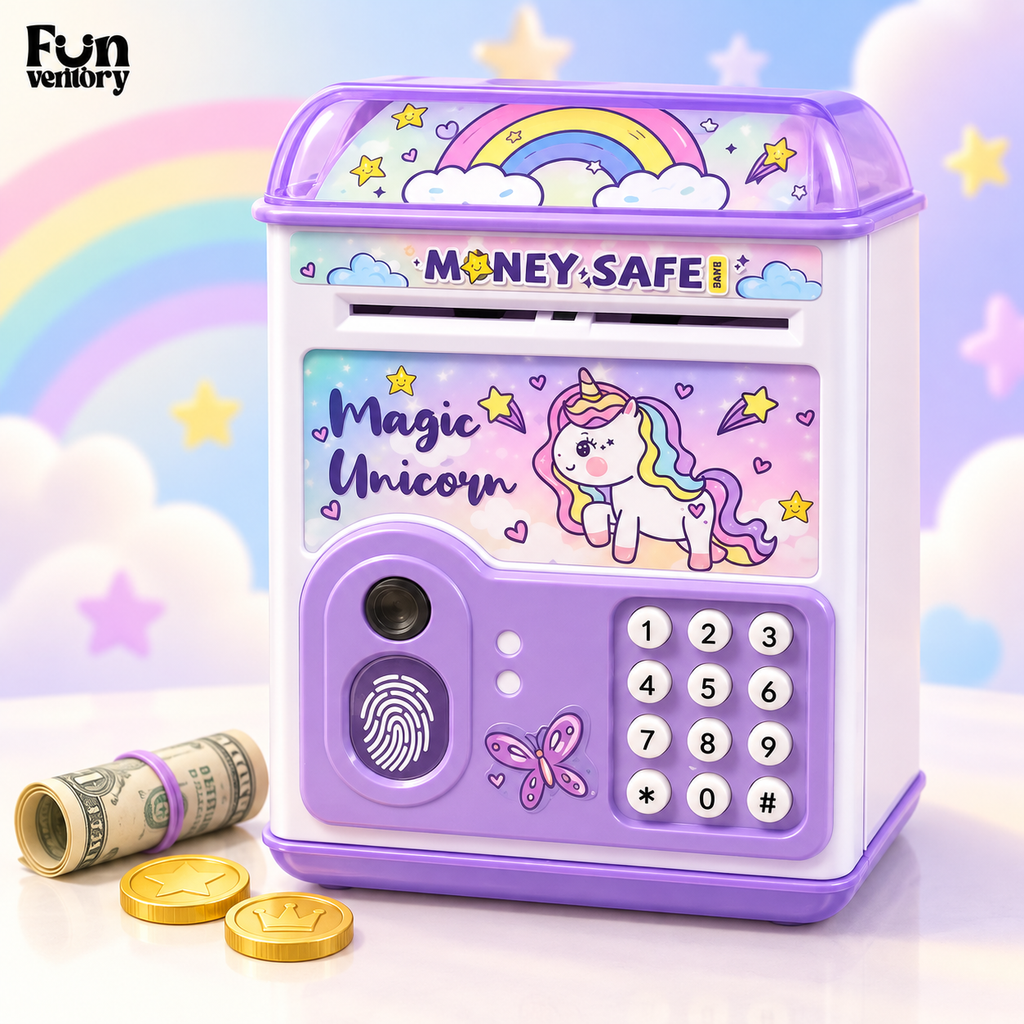 Purple unicorn electronic piggy bank with password keypad