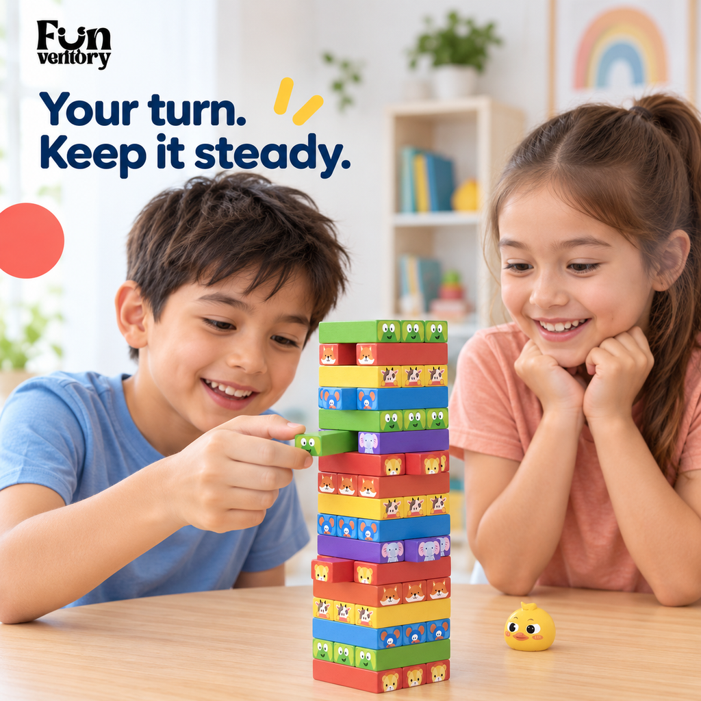 Two children playing a wooden tumbling tower game