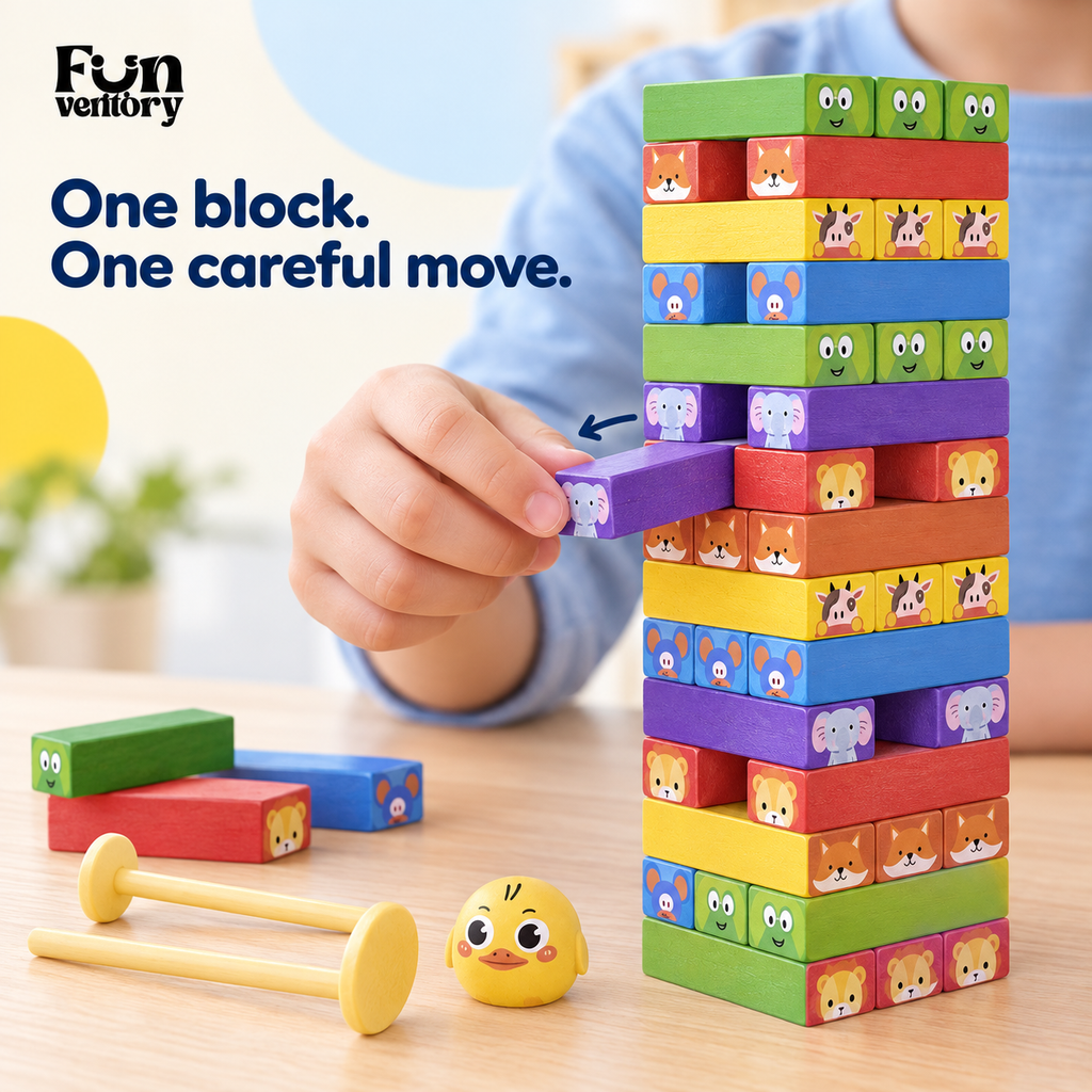 Hand carefully pushing out a block from a wooden stacking tower