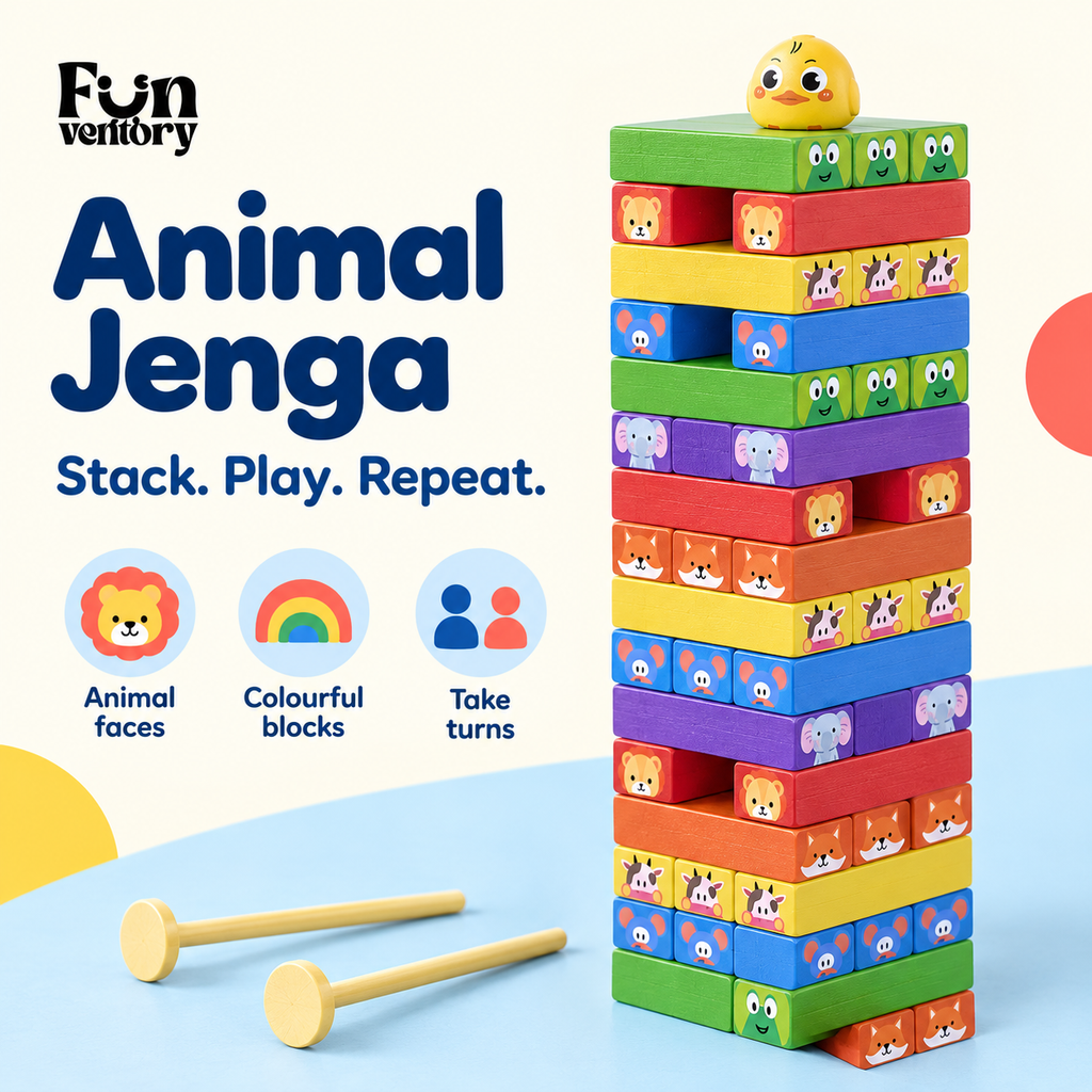 Wooden animal stacking tower game with animal-face blocks