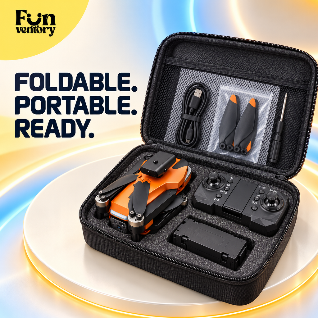 orange foldable camera drone with remote and carry case