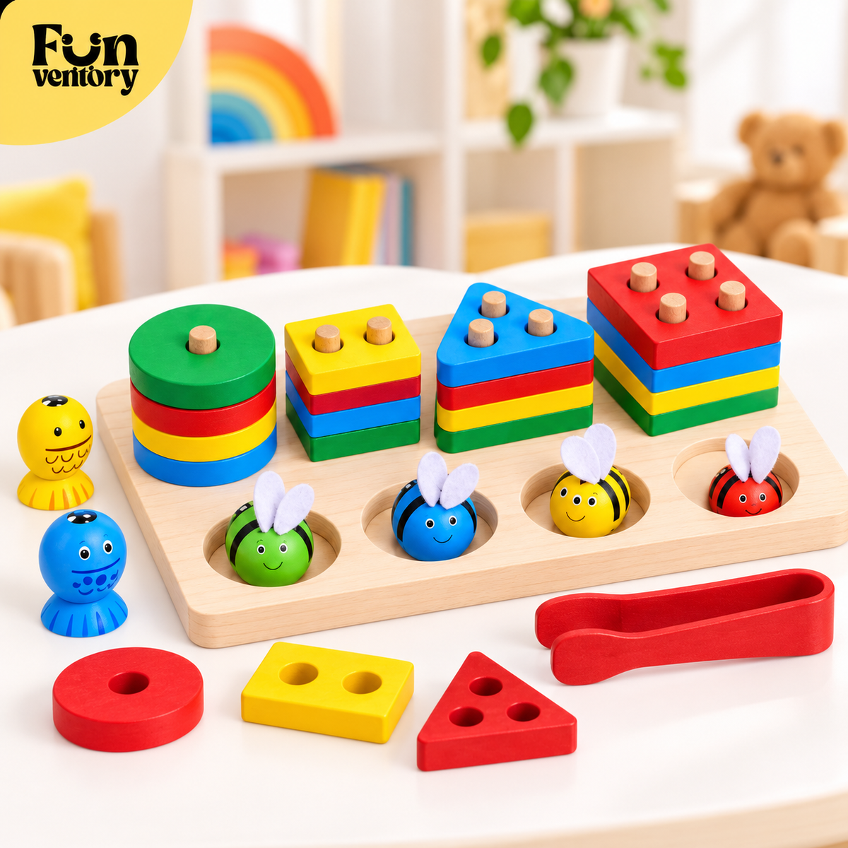 2-in-1 wooden fishing and shape sorter board with rods and colourful pieces