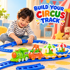 electric three-car circus toy train on a blue track