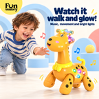 Boy watching a walking giraffe toy light up and play music