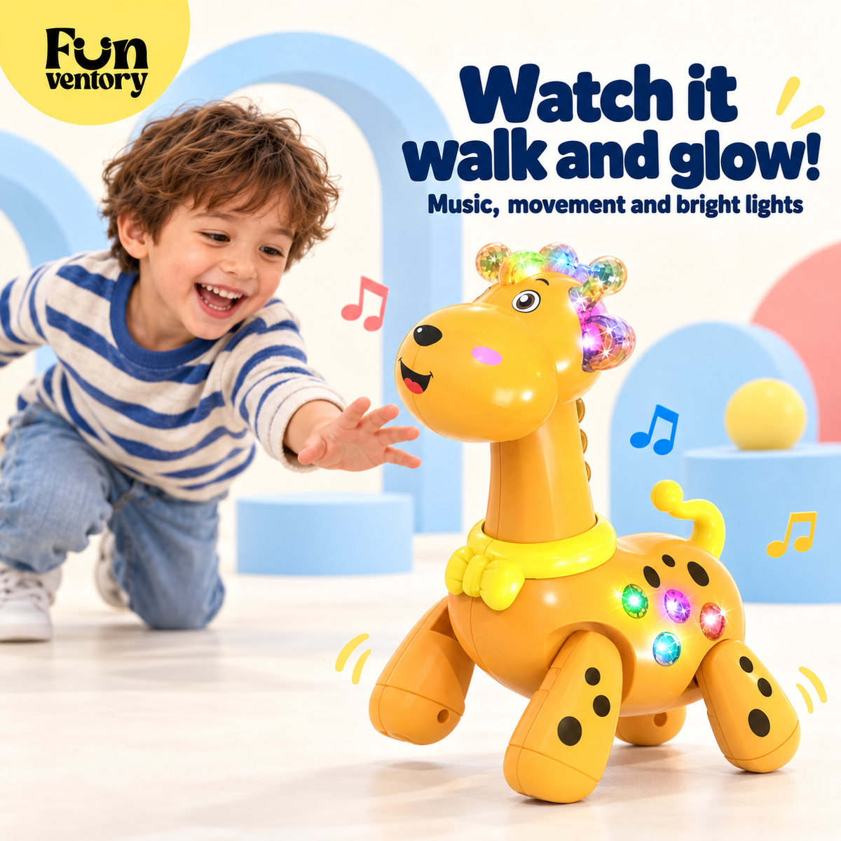 Boy watching a walking giraffe toy light up and play music