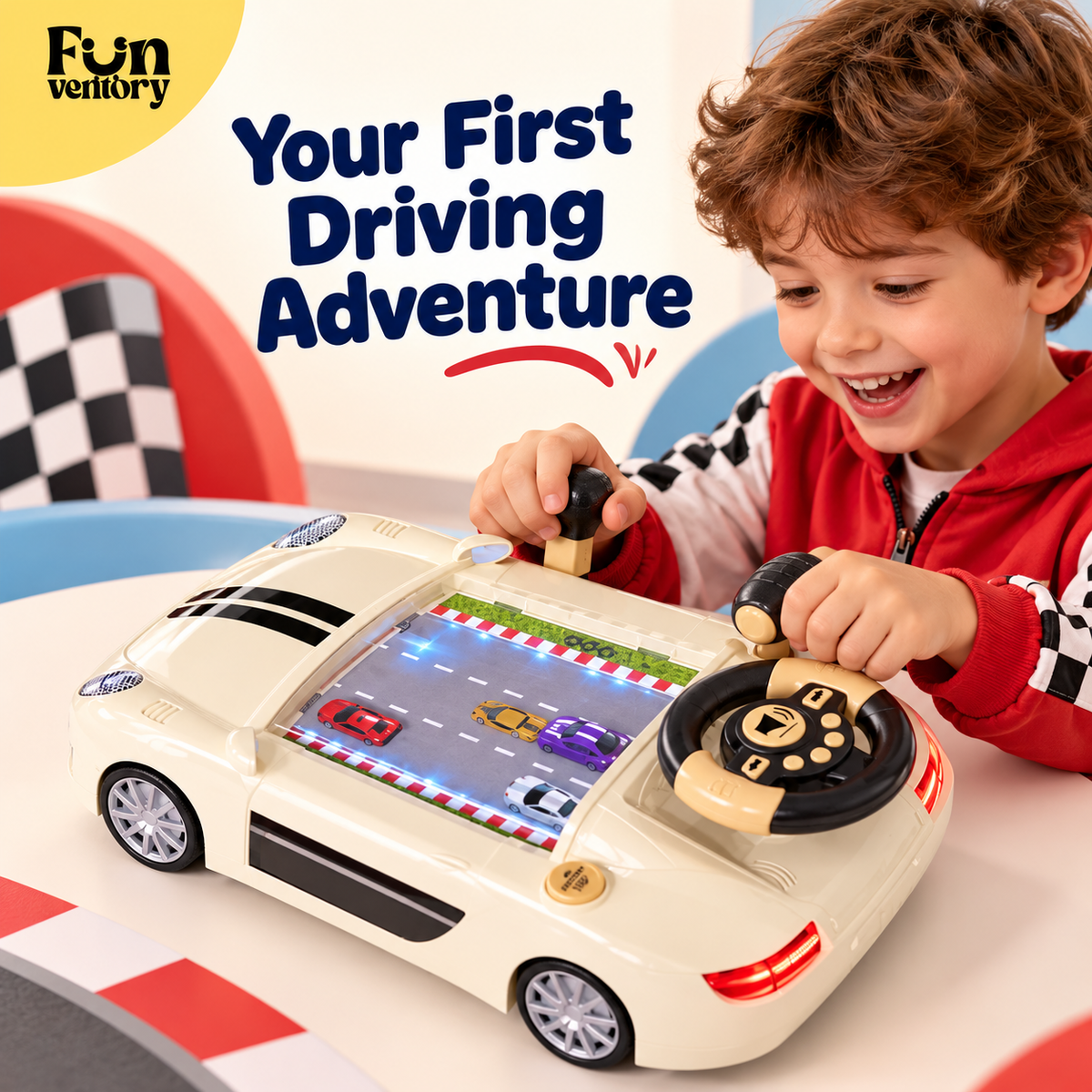 Child playing a racing game on a kids driving simulator