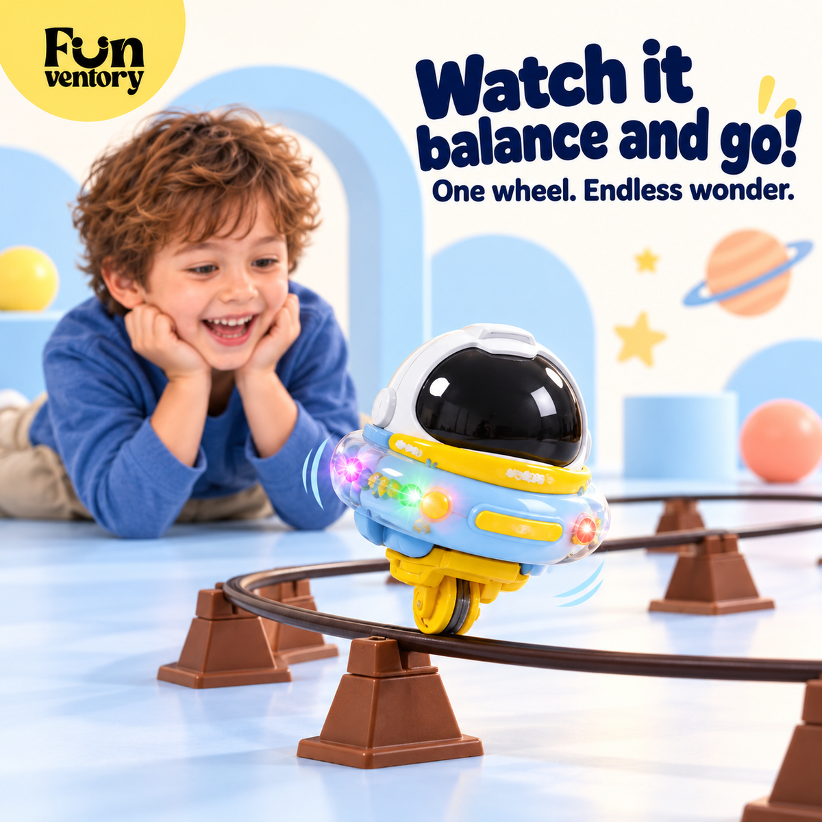 Boy watching a single-wheel space robot balance on a track