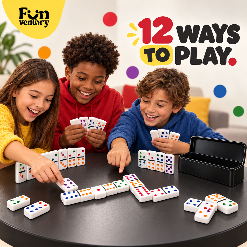double-six dominoes set with colour dots in a black tin