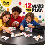 double-six dominoes set with colour dots in a black tin