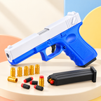 blue and white shell-ejecting toy pistol with soft bullets