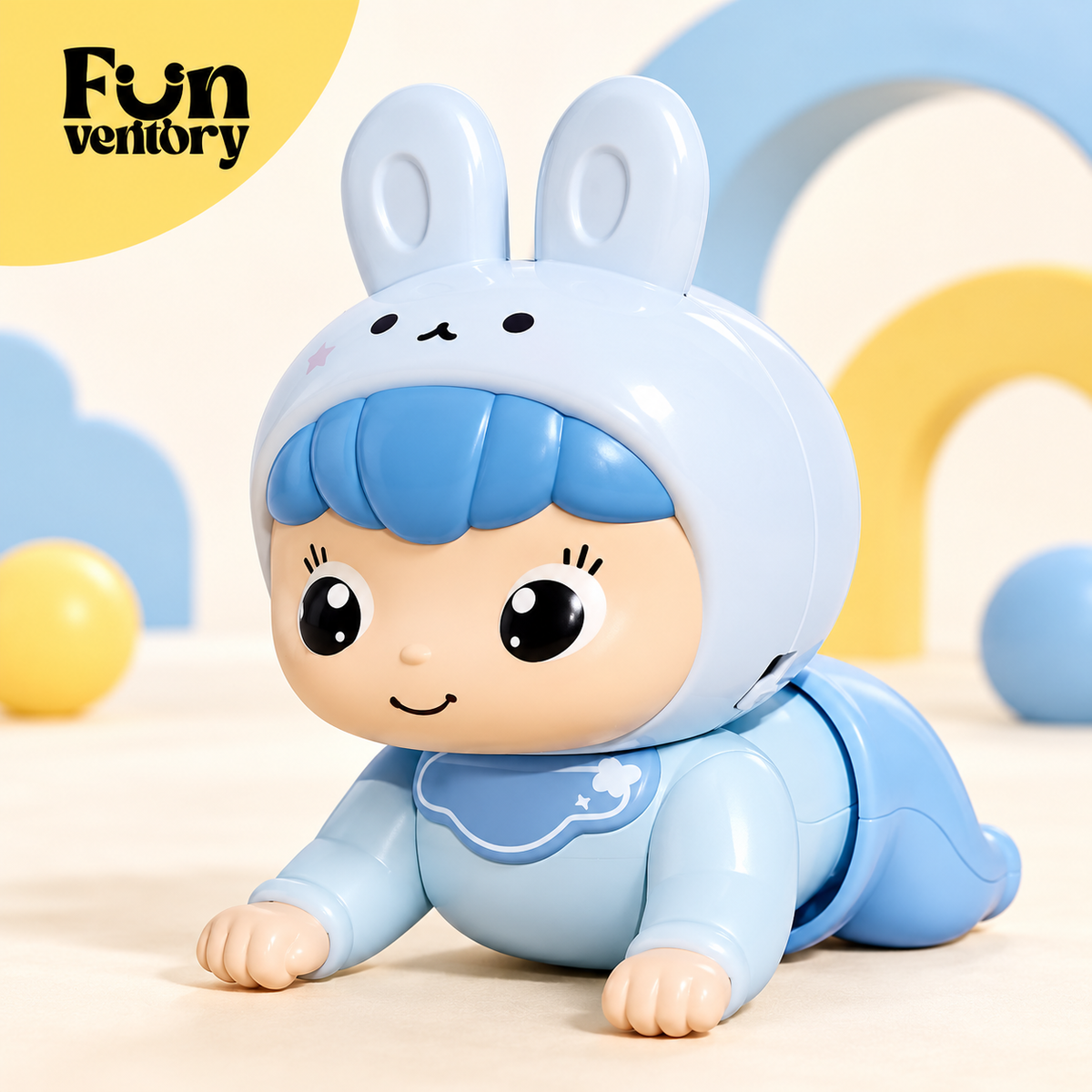 Blue crawling baby doll toy with bunny hood