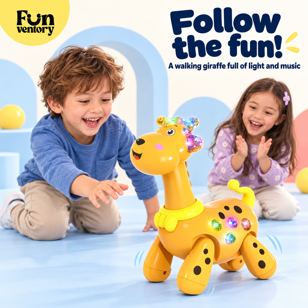 Two toddlers chasing a musical walking giraffe toy