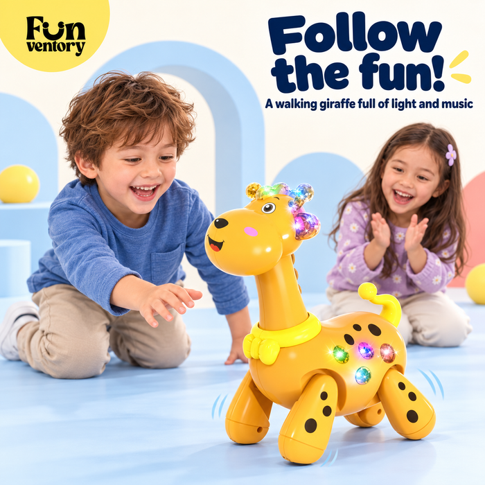 Two toddlers chasing a musical walking giraffe toy