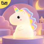 White unicorn night light with rainbow mane glowing softly
