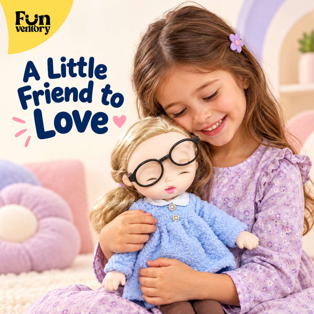 Girl hugging a soft rag doll with glasses