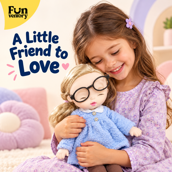 Girl hugging a soft rag doll with glasses