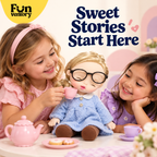 Two girls having a tea party with a soft rag doll