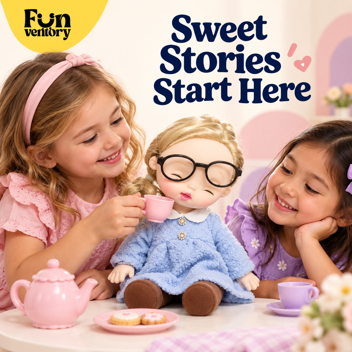 Two girls having a tea party with a soft rag doll