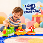 electric three-car circus toy train on a blue track