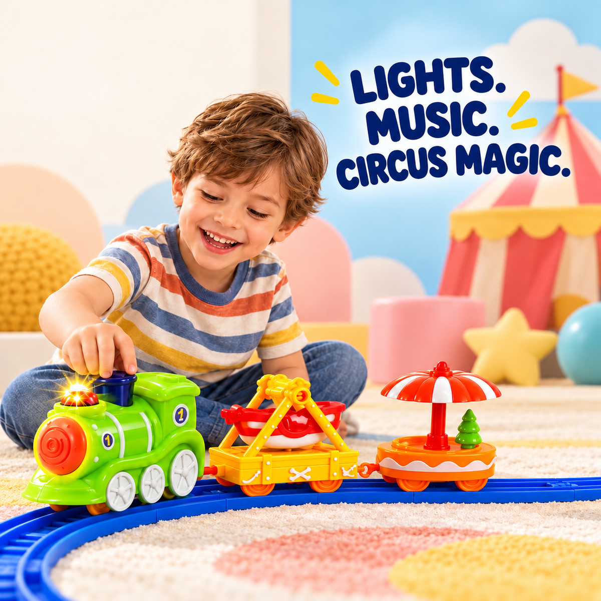 electric three-car circus toy train on a blue track