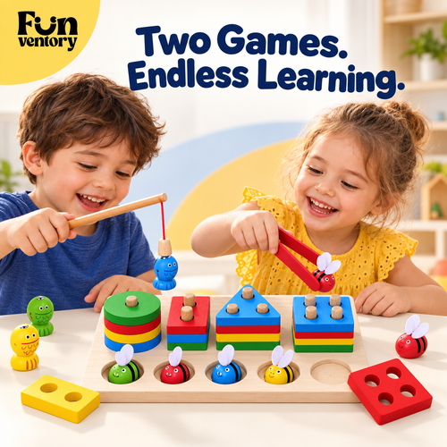 Two children playing a wooden fishing game and shape sorter