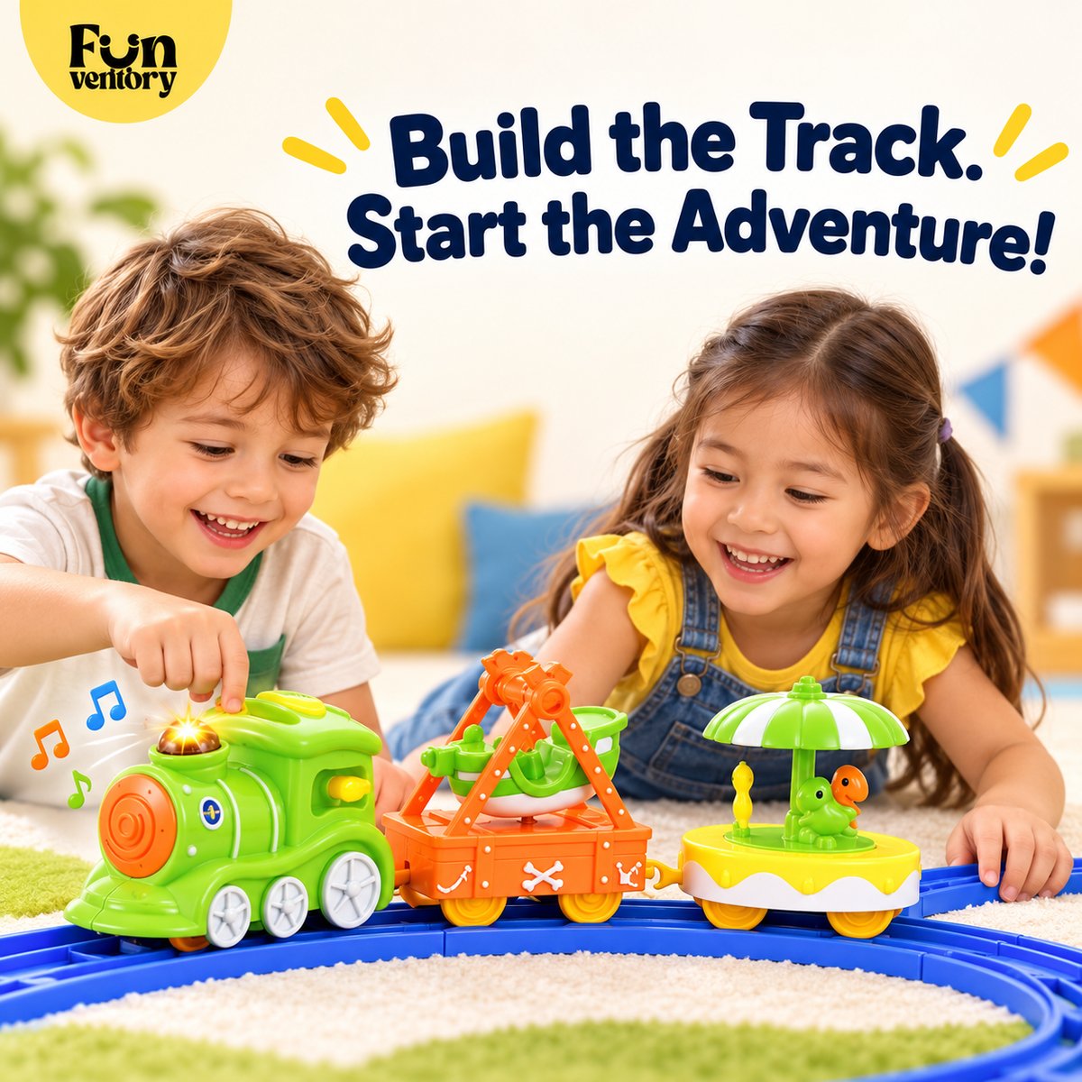 Two children building the track for an electric circus train