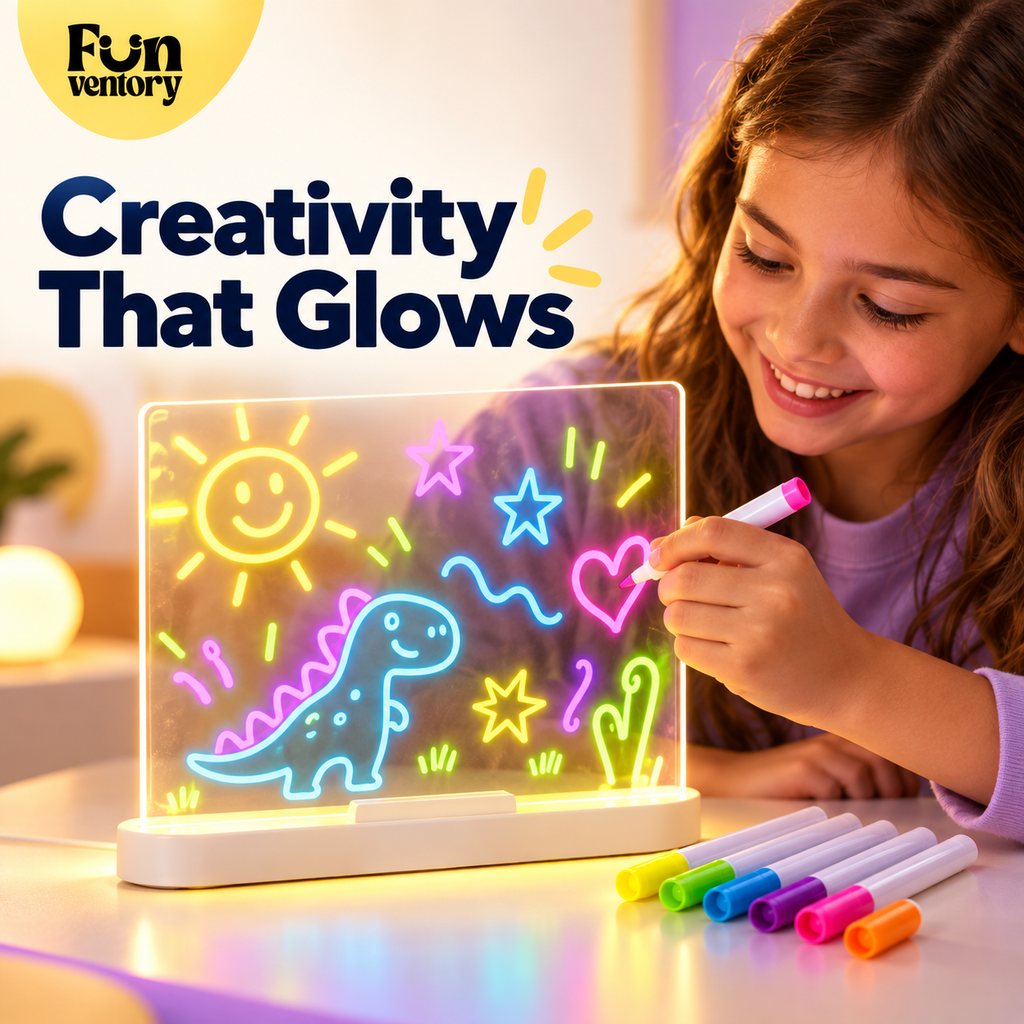 Child drawing a glowing dinosaur on an acrylic LED board with neon markers