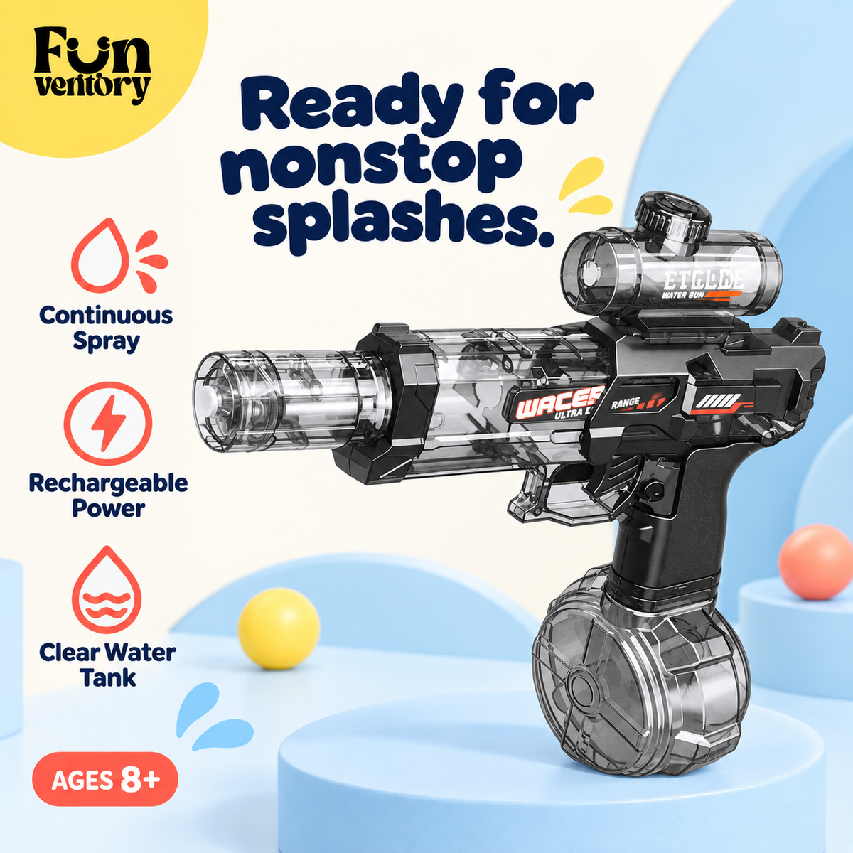 Electric water blaster features: continuous spray, rechargeable power, clear water tank