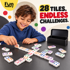 double-six dominoes set with colour dots in a black tin