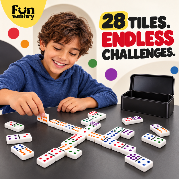 double-six dominoes set with colour dots in a black tin