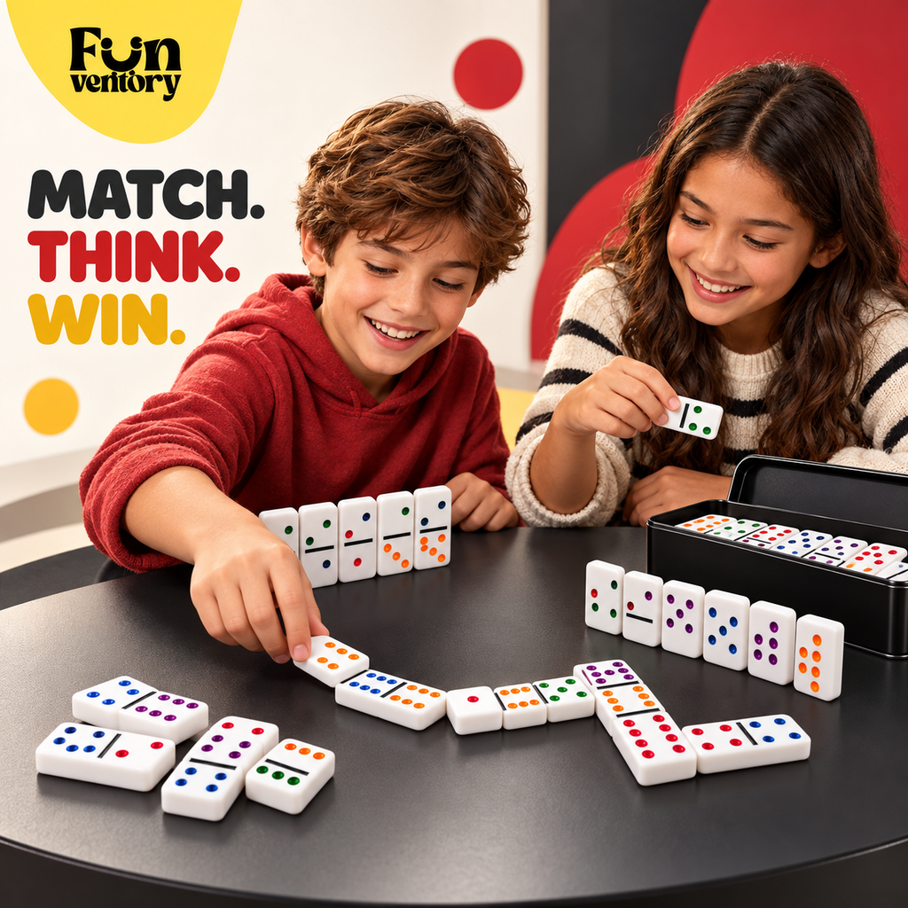 double-six dominoes set with colour dots in a black tin
