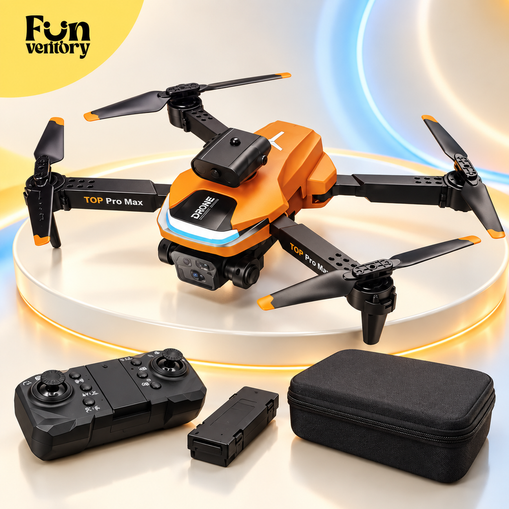 orange foldable camera drone with remote and carry case