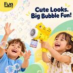 Two children playing with bubbles from a yellow bubble gun