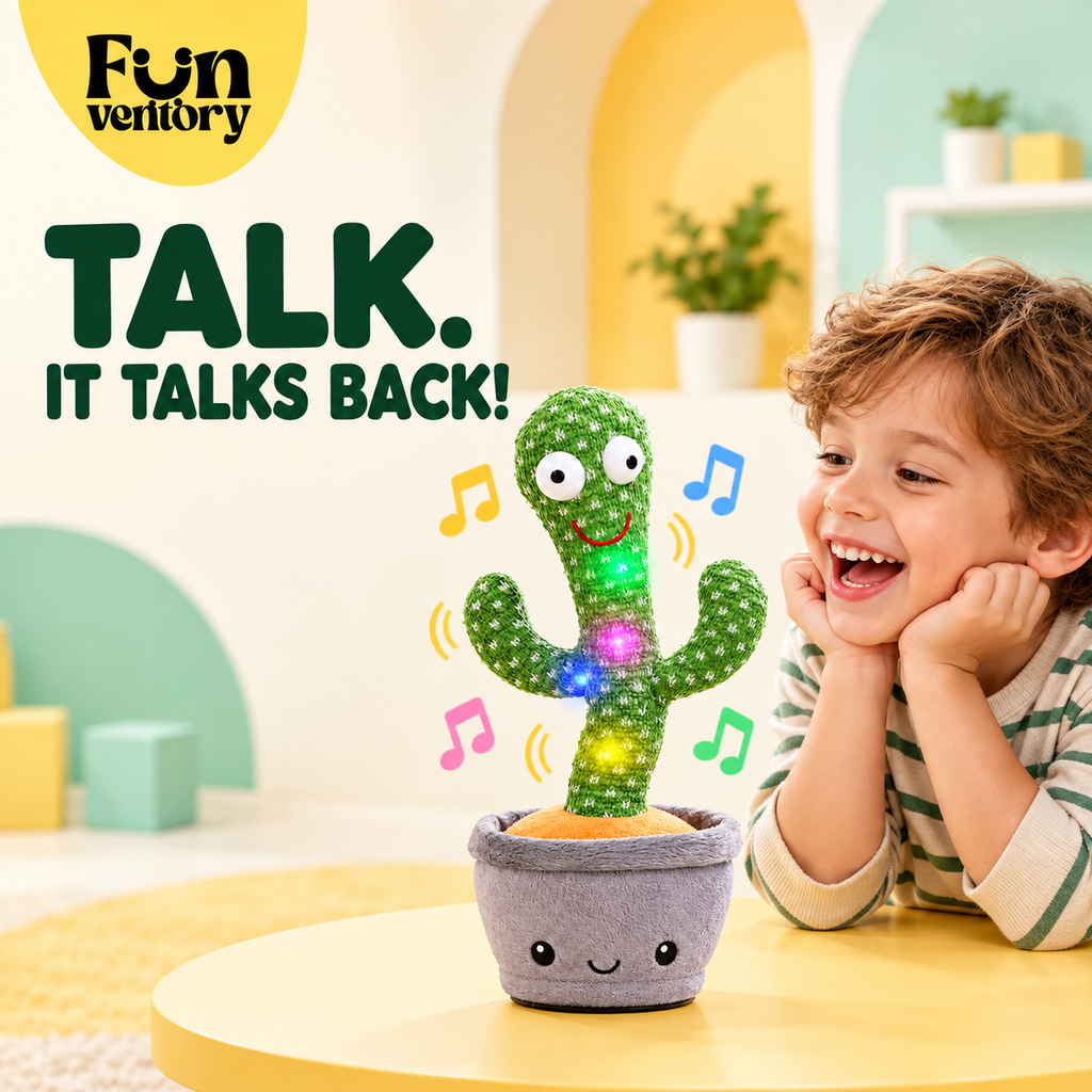 dancing cactus plush toy in a flowerpot with lights