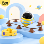 Space robot balancing on its wire track with a yellow base