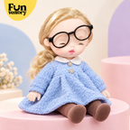 Soft rag doll with glasses, golden hair and knitted blue dress