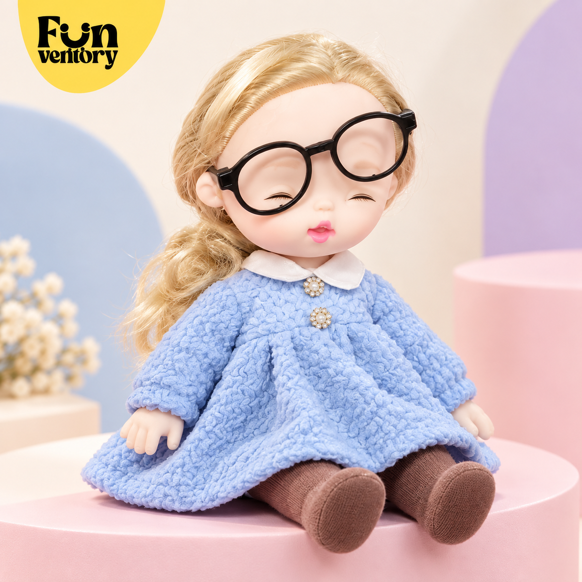 Soft rag doll with glasses, golden hair and knitted blue dress