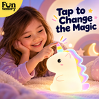 Child tapping a unicorn night light to change its colour