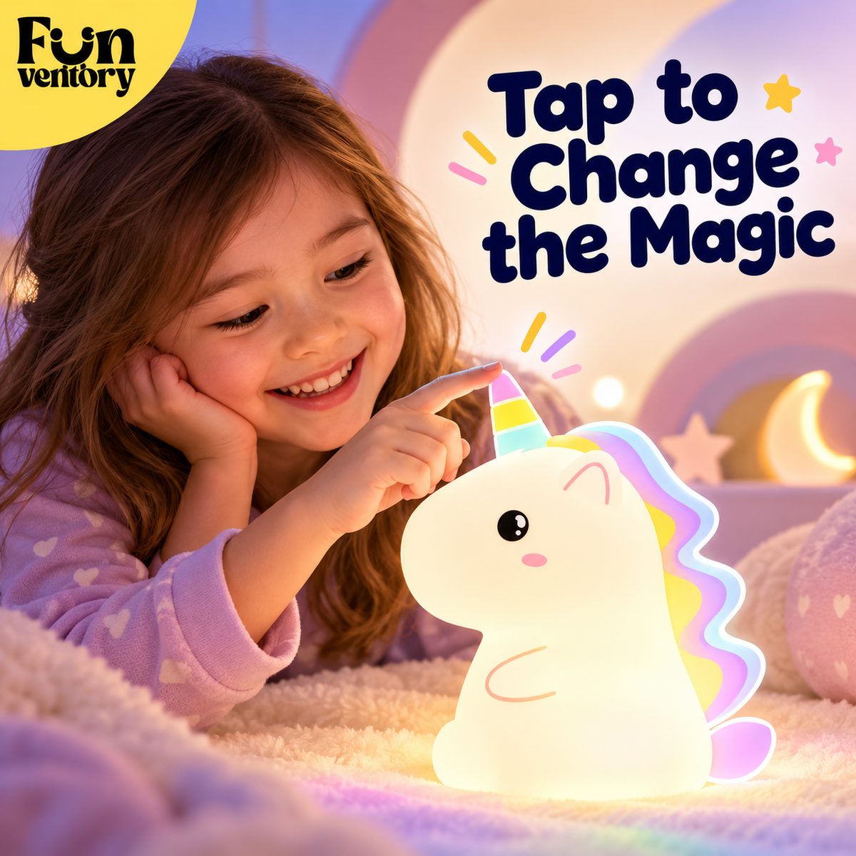 Child tapping a unicorn night light to change its colour